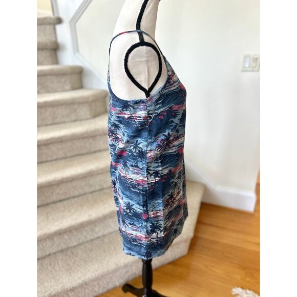 J.Crew Navy & Pink Tropical Sunrise Palm Print Linen Shift Sundress - Picture 3 of 6